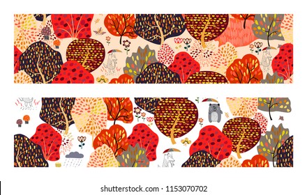 Set of seamless backgrounds with stylized trees. Forest bright pattern.