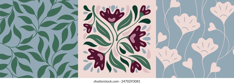 A set of seamless backgrounds and tiles with flowers and branches. A stylized image of flowers in pastel colors.