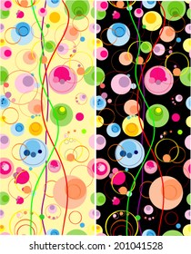 Set of seamless backgrounds with varicolored circles and lines. Colorful patterns with round elements on light and dark background.