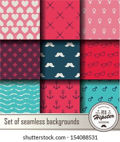 Set of seamless backgrounds, vector ornaments in the style of a hipster