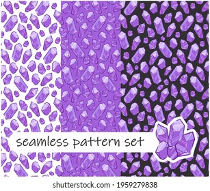 Set of seamless backgrounds. Violet crystals of various shapes. Shining crystals isolated on white, black and purple background. 