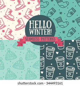 set of seamless backgrounds for winter time, "hello winter", vector illustration