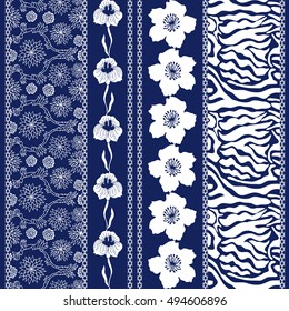 Set of seamless batik borders with bohemian elements. Floral patterns, abstract prints. Blue and white vector background. 