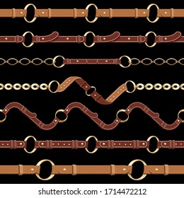 Set of seamless belt editable brush. Leather belts  with gold metallic rings and chains. Collection of shining string and necklace accessories isolated on black background. Vector