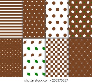 Set of seamless big and small polka dot, lined textile, leaves, heart, flower, chess board and stripes pattern in brown, green and white color. Vector art image illustration background, simple design