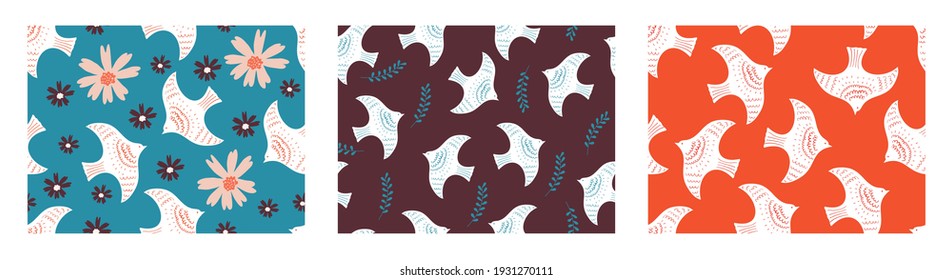 Set of seamless bird and flower patterns