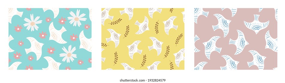 Set of seamless bird and flower patterns