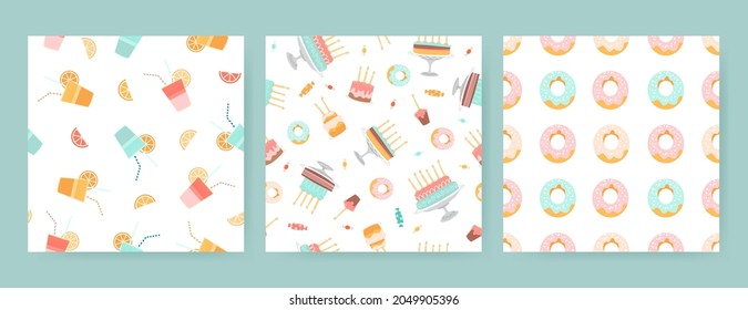 Set of seamless birthday patterns with cakes, donuts, sweets and drinks on a white background. Festive vector illustration.