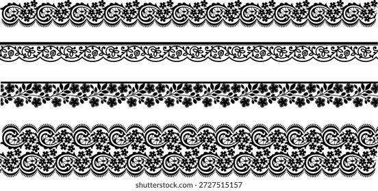 Set of seamless black lace borders with floral ornaments for wedding invitations and lingerie fabric design