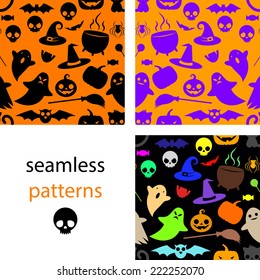Set of seamless black, multi-colored and orange patterns with cute cartoon pumpkin, Ghost, cat, pot, hat, broom, candy, bat, spider, skull