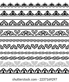 Set of seamless black ornamental borders. Buryatian, Mongolian ethnic style. So called «horned» ornament, «ram horns». Floral ornaments. Pattern brushes included.