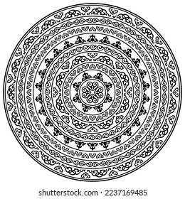 Set of seamless black ornamental borders in the form of circles. Buryatian, Mongolian ethnic style. So called «horned» ornament, «ram horns». Floral ornaments. Pattern brushes included.