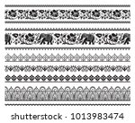 Set of seamless black ornate borders with pattern brushes. Ethic Southeast Asia style. 	
