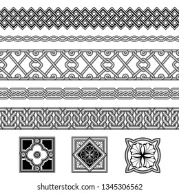 Set of seamless black and white borders and floral corner elements. Interlaced lines. Based on Georgian, Armenian, Arabic styles. Pattern brushes included in EPS file.