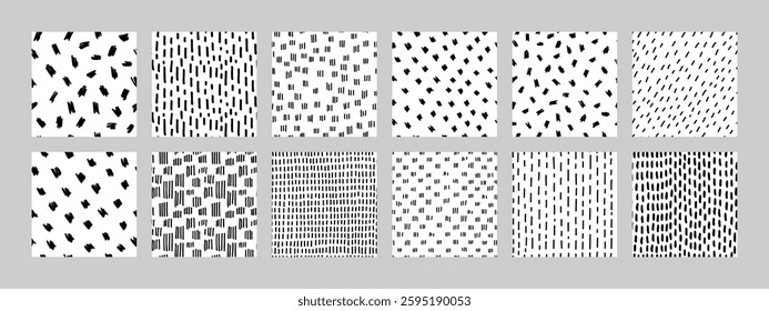 A set of seamless black and white hand drawn patterns featuring abstract dash and stroke designs. Ideal for branding, packaging, fabric prints, backgrounds, and minimalist graphic projects.