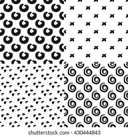 Set of  seamless black and white hand drawn pattern. Black and white doodle  background. Doodle dots, spiral, circle and cross.