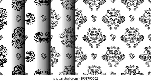 Set of Seamless black and white pattern with monograms in the Baroque style. Good for backgrounds and prints. Vector illustration.