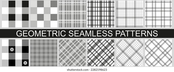 A set of seamless black and white vector patterns for fashionable clothes, plaid, blankets, plaid shawls. Tartan, Scottish cage.