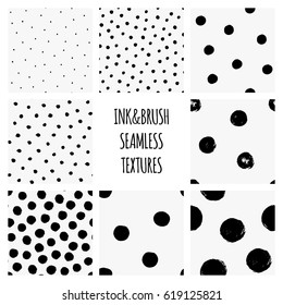 Set of seamless black and white vector textures with circles, polka dots, dry brush ink art.