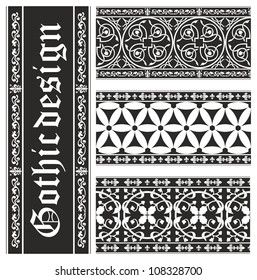 Set of seamless black-and-white gothic floral vector ornaments