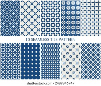 Conjunto de azulejos de diseño geométrico de cerámica azul sin costuras patrón. Fondo de Vector floral y geométrico tradicional dibujado a mano.