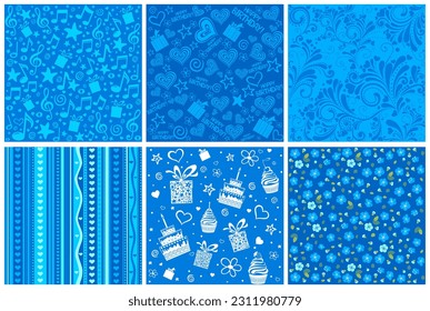 Set von nahtlosen blauen Mustern. Feierlichkeiten, Hintergrund. Tapete mit musikalischen Noten, Geschenkbox, Kuchen, Herzen, Blume.  Einfache, flache, moderne Zeichnung.  Einfaches kindisches Bildschirmhintergrund. Vektorgrafik