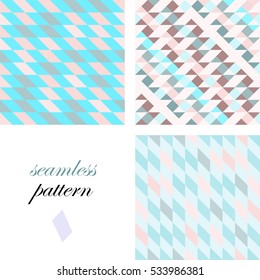 Set of seamless blue  patterns of distorted diagonal diamonds and triangles