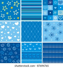 Set of seamless blue patterns. Vector Illustration