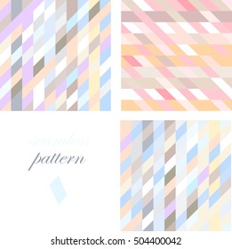 Set of  seamless  blue and pink patterns of iridescent diagonal and horizontal stripes of equal thickness, forming quadrilaterals 