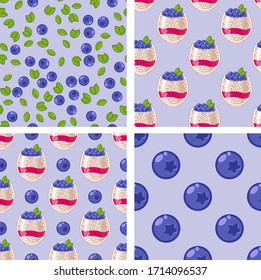 Set seamless blueberry dessert with leaves background texture wallpaper pattern for menu kitchen cooking cafe or restaurant