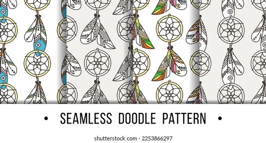 Set of seamless boho patterns with ethnic tribal feathers, modern vector illustration, for wallpaper, web page background, greeting cards, fabric print