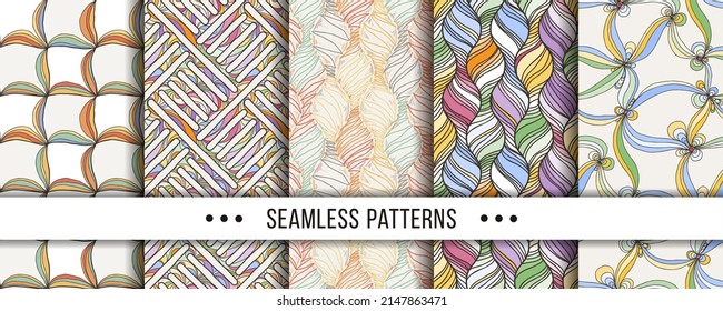Set of seamless boho patterns with hand-drawn elements texture, abstraction illustration of black silhouette on white background. Vector collection