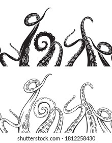 Set of seamless border of black silhouette and hand drawn sketches octopus tentacles. Creepy limbs of marine inhabitants. Vector object for frames, cards and your design.