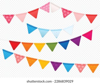 Set of seamless border of colorful festive realistic flags. Girl and boy party flags