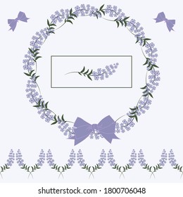 Conjunto de elementos de flores de borde, marco y lavanda sin fisuras, pieza de trabajo para su diseño. Flores y arco decorativo de lavanda. Decoración para textiles, invitaciones, postales y diseño de impresión. Vector
