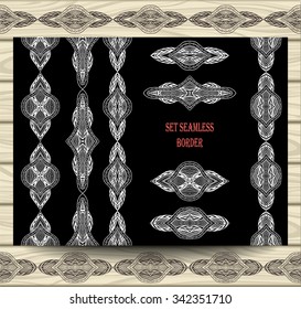 Set seamless border lace ribbons decoration elements white on black with beige wood background for decoration invitation congratulation flyers banners package labels textile and other things