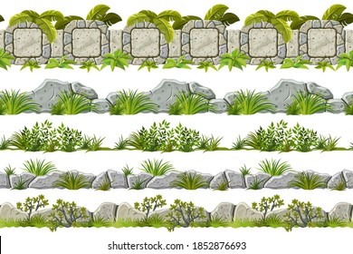 Set of seamless border old gray rock and grass. Vector stone sidewalks with leaves for computer games isolated on white background.