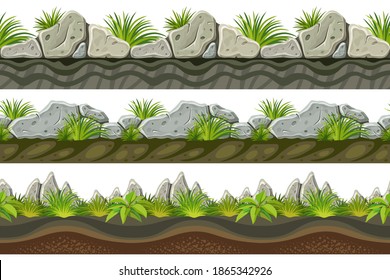 Set of seamless border old gray rock and grass. Vector stone sidewalks with leaves for computer games isolated on white background.