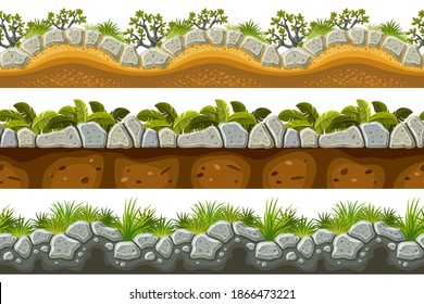 Set of seamless border old gray rock and grass. Vector stone sidewalks with leaves for computer games isolated on white background.