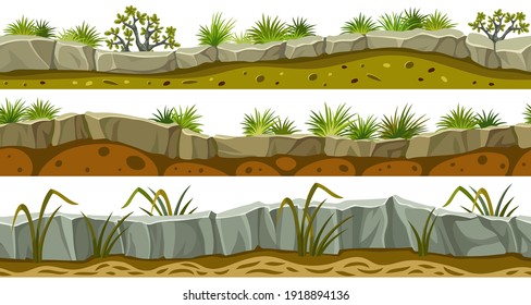 Set of seamless border old gray rock and grass. Vector stone sidewalks with soil and leaves for computer games isolated on white background.