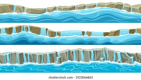 Set of seamless border old gray rock and cascades. Vector stone sidewalks with waterfall for computer games isolated on white background.