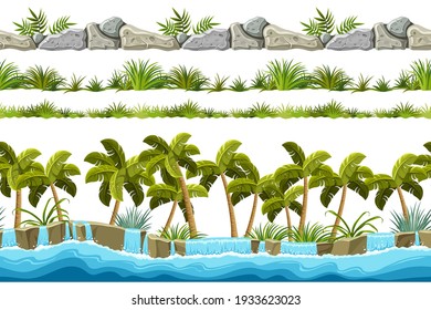 Set of seamless border old gray rock, waterfall and grass. Vector stone sidewalks with palm trees for computer games isolated on white background.