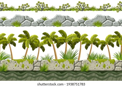 Set of seamless border old gray rock and grass. Vector stone sidewalks with palm trees for computer games isolated on white background.