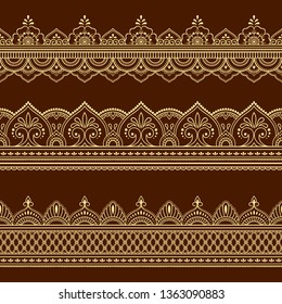 Set of seamless border ornament for design, Henna drawing, Mehndi and tattoo. Decorative pattern in ethnic oriental, Indian style.