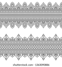 Set of seamless border ornament for design, Henna drawing, Mehndi and tattoo. Decorative pattern in ethnic oriental, Indian style.
