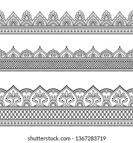 Set of seamless border ornament for design, Henna drawing, Mehndi and tattoo. Decorative pattern in ethnic oriental, Indian style.