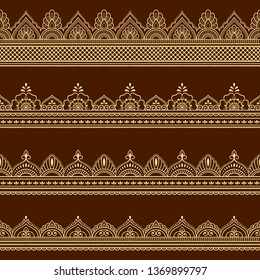 Set of seamless border ornament for design, Henna drawing, Mehndi and tattoo. Decorative pattern in ethnic oriental, Indian style.