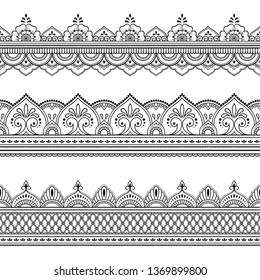 Set Of Seamless Border Ornament For Design, Henna Drawing, Mehndi And Tattoo. Decorative Pattern In Ethnic Oriental, Indian Style.