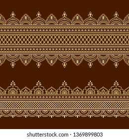 Set of seamless border ornament for design, Henna drawing, Mehndi and tattoo. Decorative pattern in ethnic oriental, Indian style.