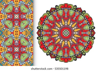 Set of seamless border pattern and ethnic stylized floral mandala. Decorative design elements for Wedding, Bridal, Valentine's day, greeting cards or Birthday Invitations. Colorful fashion collection